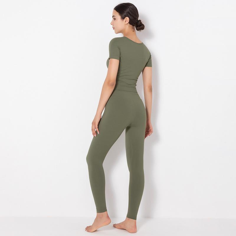 Pantalones de cintura alta de manga corta con cuello en V de estiramiento alto conjunto de yoga NSNS103589