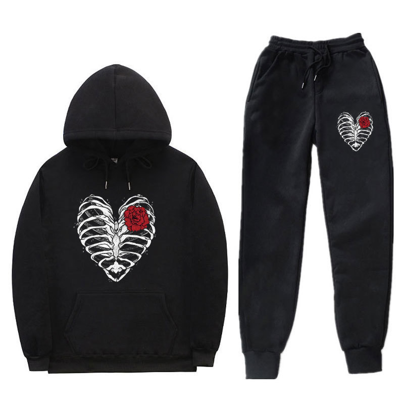 European and American Teenager Diablo Skull Printed Sweater Pants Set Men's Threaded Bottom Swing Casual Sports Two-piece Set European and American Teenager Diablo Skull Printed Sweater Pants Set Men's Threaded Bottom Swing Casual Sports Two-piece Set