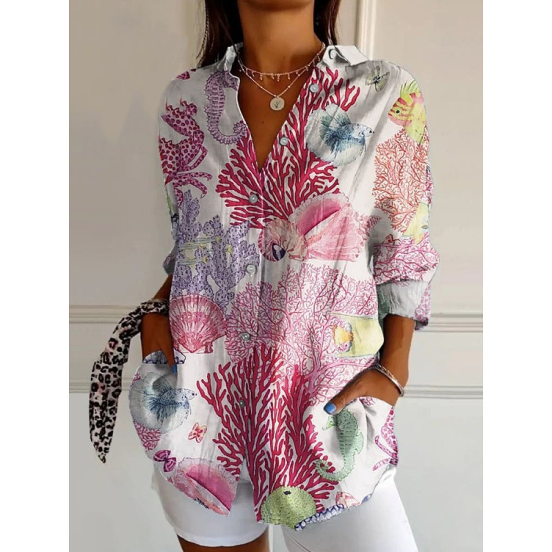 2025 New Ladies Long Shirt Women's Summer European and American Trend Long Sleeve Shirt Printed Pattern Printed 3D Shirt