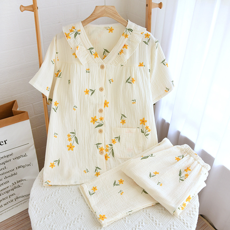 Short Sleeve + trousers women's summer new removable and washable chest pad V-neck thin cotton loose underwear home wear suit