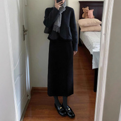 黑色毛呢半身裙女秋冬2025新款高腰a字裙垂感中长款小个子包臀裙