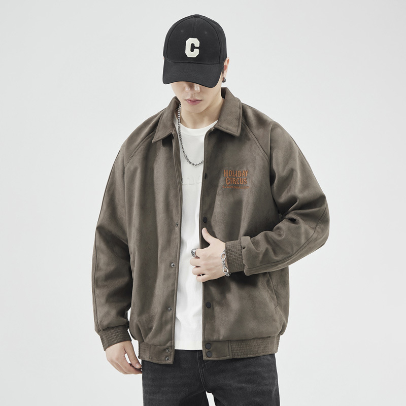 Veste de baseball à revers en fourrure de cerf vert gris pour hommes, ample, tendance automne et hiver, 380 g, américaine_voghion.com