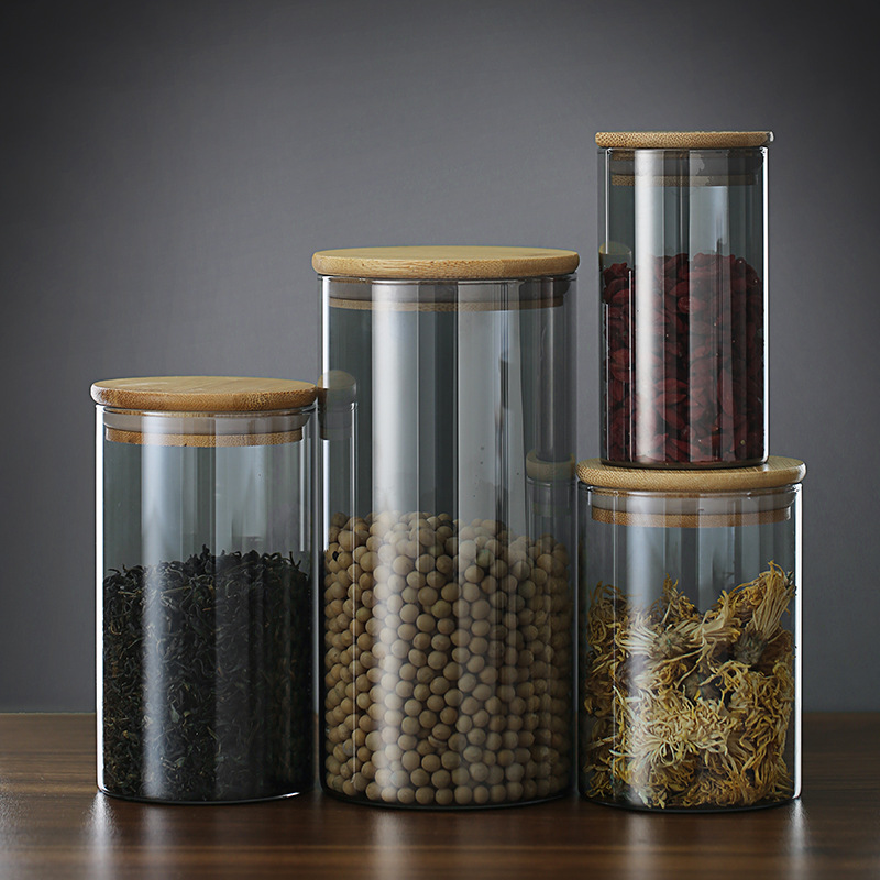 Botellas de vidrio negro transparente grandes y pequeñas para almacenar té, granos, especias y muestras de alimentos, frascos de almacenamiento sellados.