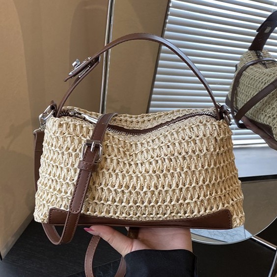 Storage Basket Bag, Rattan Handbag, Woven Shoulder Bag, Handmade Natural Rattan & Seagrass, Leather Trim, Eco-Friendly, Lightweight, Durable For Daily_voghion.com