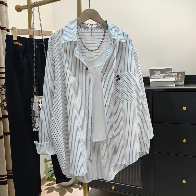 Vintage Vertical Stripe Cherry Embroidered Shirt Women's Spring and Summer New Sunscreen Coat Casual Loose All-match Cardigan Top Vintage Vertical Stripe Cherry Embroidered Shirt Women's Spring and Summer New Sunscreen Coat Casual Loose All-match Cardigan Top