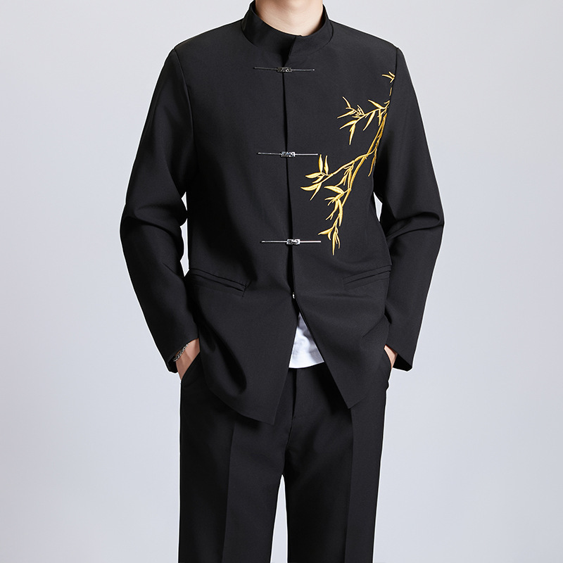 New Chinese-style Chinese-tunic suit for men and men handsome suit black collar suit jacket high-end wedding engagement wear suit