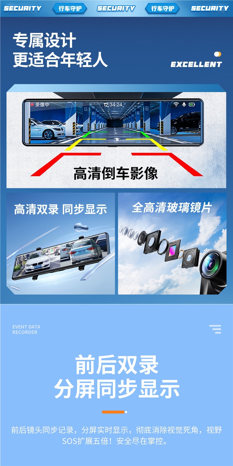 Renwoyou 12inch Dashcam 4K Streaming Media Rearview Mirror Panoramic Remote Monitoring Parking Truck Reversing Image