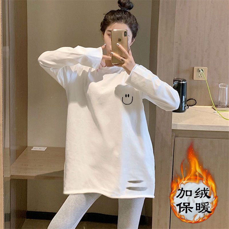 White Fleece-Lined Base Shirt for Women, New Autumn and Winter Long-Sleeve T-Shirt, Mid-Length Top, Trendy on Instagram White Fleece-Lined Base Shirt for Women, New Autumn and Winter Long-Sleeve T-Shirt, Mid-Length Top, Trendy on Instagram