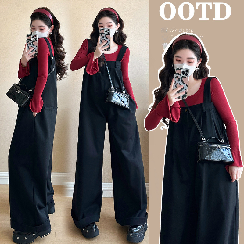 Real Shot of Ready-Made Maternity Spring Suit, Slimming Look Bottoming Overalls, Maternity 2-Piece Suit, Red Bottoming Shirt