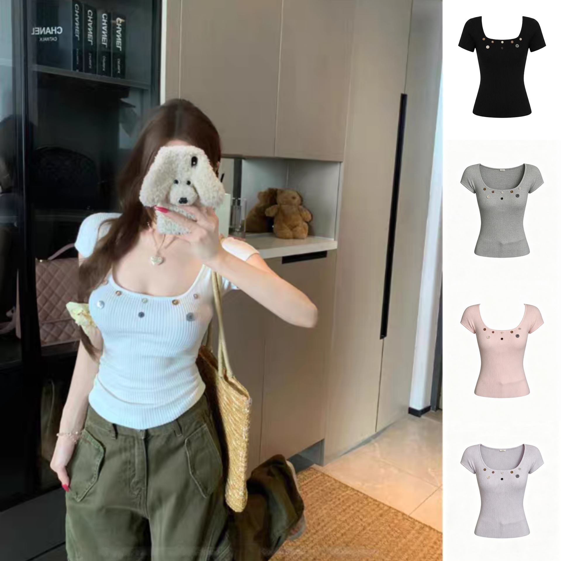 [Camera Killer] Hot Girl Slimming Square Neck Short Sleeve T-Shirt Women's Summer New Style Button Decoration Top 26103