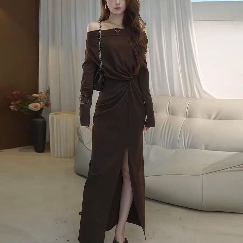 Pure Desire Hot Girl Off-Shoulder Long Sleeve Dress for Women, New Autumn Slim Fit Split Hem Long Dress Pure Desire Hot Girl Off-Shoulder Long Sleeve Dress for Women, New Autumn Slim Fit Split Hem Long Dress