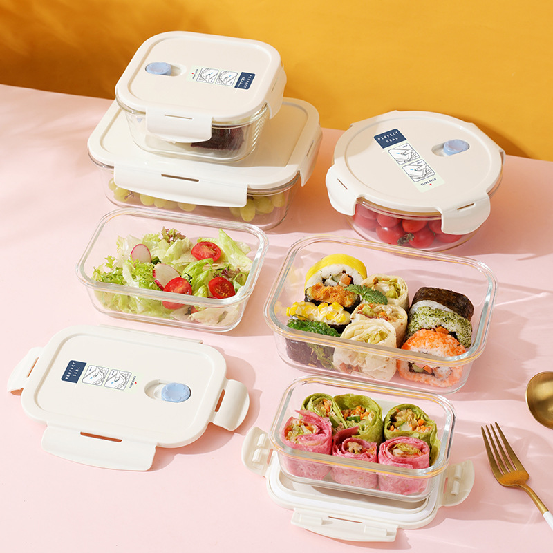 Caja de almuerzo de vidrio puede entrar en el horno de microondas caja de preservación de alta borosilicona personalizada para los estudiantes de oficina con la caja de almuerzo dividida sin sabor