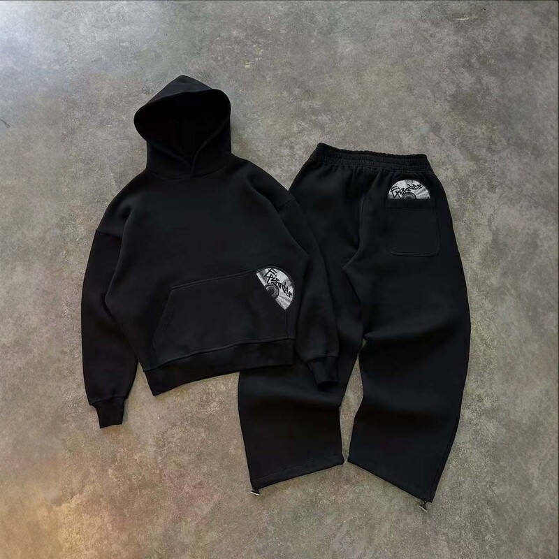 2025 American Street Style Personality Cd Pattern Print Pocket Design Sweatshirt and Sweatpants Wholesale Set Hoodie Y2