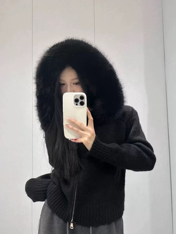 2025韩系秋冬复古毛领连帽拉链针织开衫女宽松通勤百搭长袖外套潮|undefined