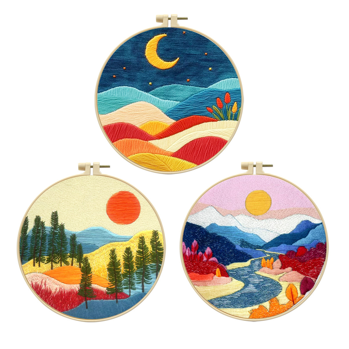Bordado transfronterizo de nuevos productos, combinación de paisaje, sol y luna, bordado de paisaje hermoso, paquete de material para principiantes, bordado de fábrica