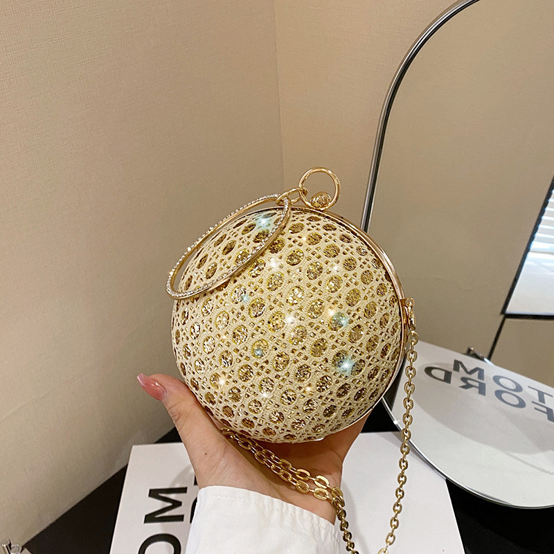 Trendy Chain Evening Bag, Fashionable New Gold Ball Handbag with Shiny Rhinestones, Stylish Spherical Shoulder Crossbody Bag