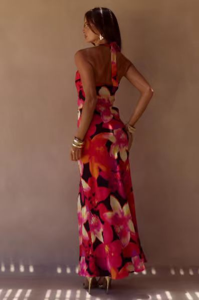 2026 Sexy V Neck Halter Maxi Dress Floral Print Slit Summer Vacation Style Women's Regular Thickness Dress New Arrival_ecoleips.com