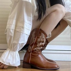牛革バージョン~2025年新作ウエスタンカウボーイブーツ刺繍ライダーブーツマーティンブーツチェルシーブーツロングブーツ女性用