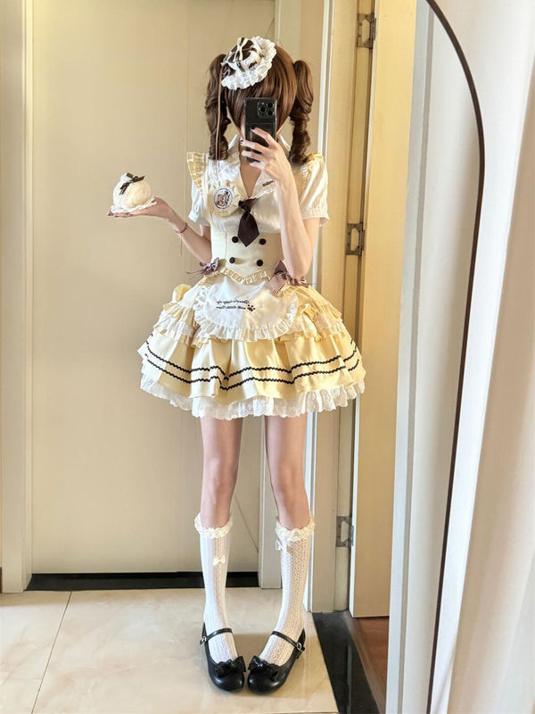 日本の甘いロリータロリータ半袖ドレス夏の新しい年齢を減らす痩身ふわふわケーキスカート女性用|undefined