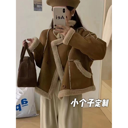 150 Short Women's Collar-Padded Short Jacket Autumn/Winter Thick Top Coat Warm Leather-Fur Integrated Motorcycle Suit