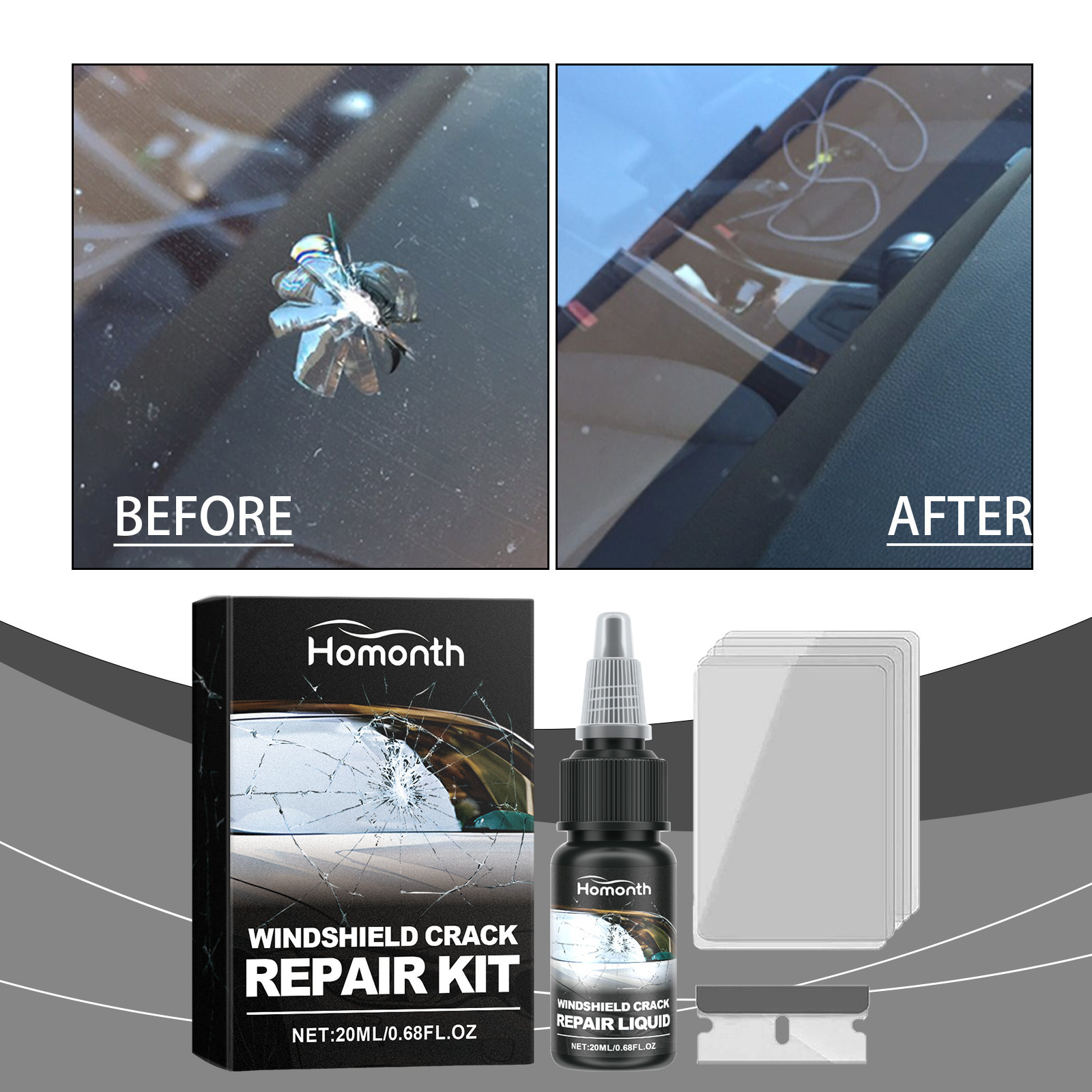 HOMONTH glass crack care suit clear vision car front windshield nano repair liquid suit