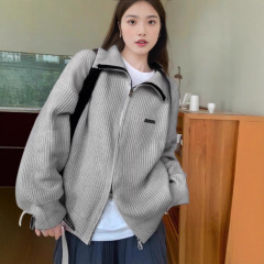 双头拉链针织开衫女2025新款秋冬季女装宽松慵懒风翻领毛衣女外套