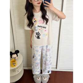 可爱带胸垫睡衣女带胸垫家居服春夏季薄纯棉短袖长裤两件套