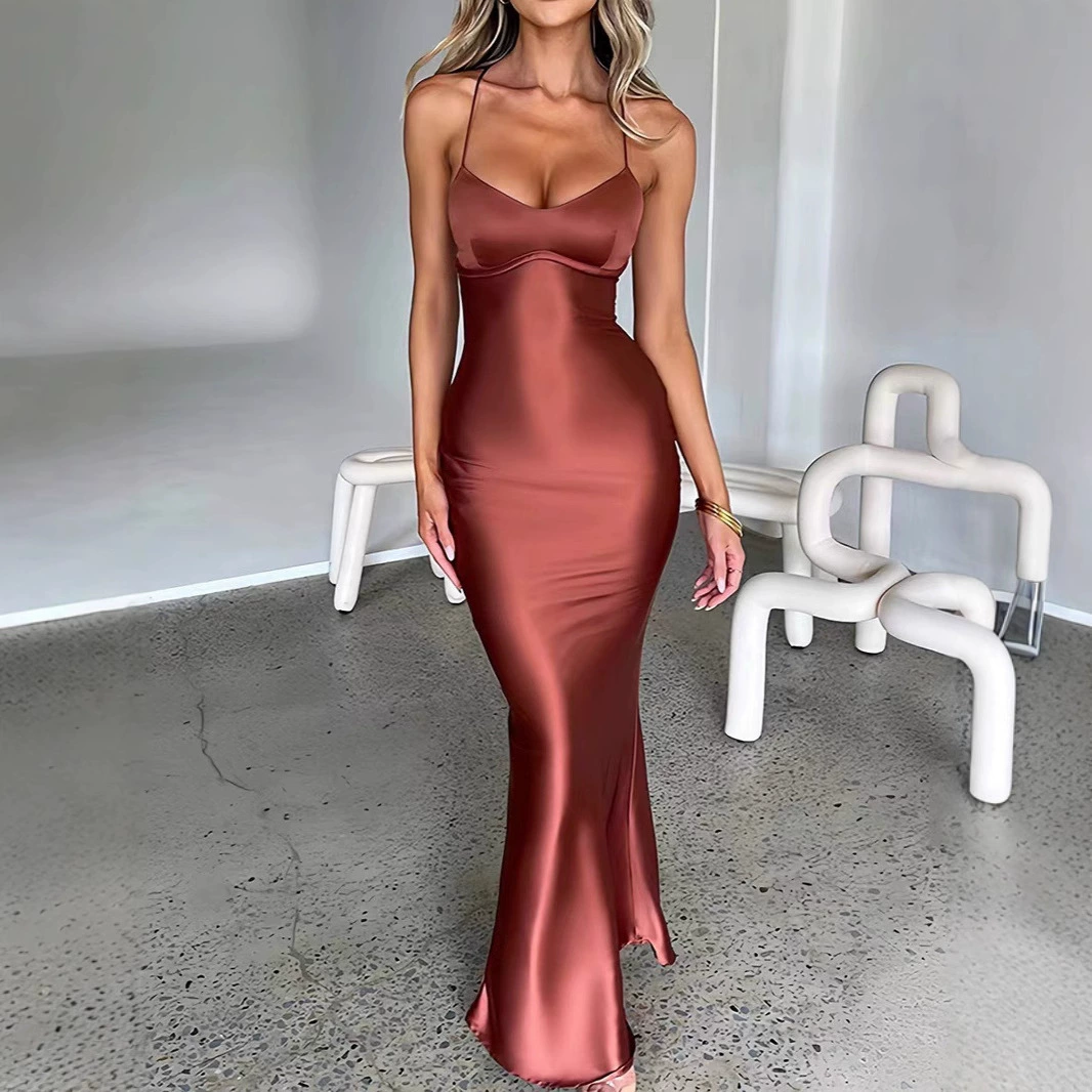 Новый стиль амазонка трансграничная женская сексуальная подтяжка атласная мода без спинки ремешок талии вечернее платье платье