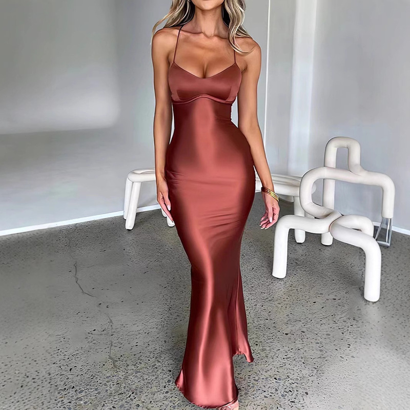 New Amazon Cross-border Women's Sexy Sling Satin Fashion Backless Strap Tight Waist Evening Dress dress