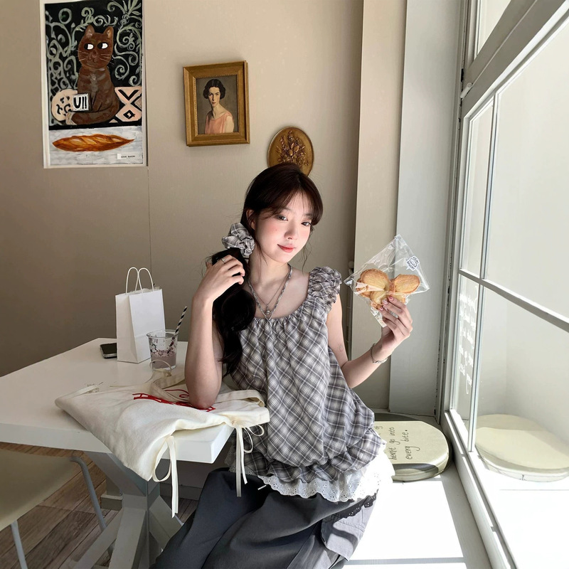 Korean-Style Plaid Lace Hem Cute Tie Bow Versatile Top for Women 2026 Spring New Style for Outings Korean-Style Plaid Lace Hem Cute Tie Bow Versatile Top for Women 2026 Spring New Style for Outings