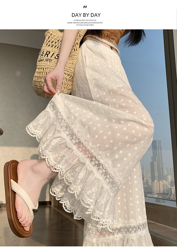 Quần culottes nữ ống rộng ren thêu rỗng cạp cao — màu trắng chi tiết 25