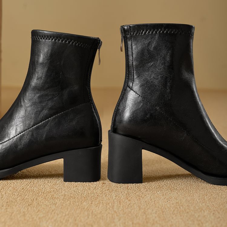 2種類の高さと高さの高さと太さと弾力性のあるやせた靴2024秋の新型の後ファスナーのショートブーツの柔らかい底