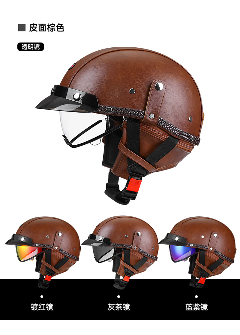 Retro Leather Helmet 3C Certified Electric Motorcycle Half Helmet with Detachable Neck Gaiter for Men and Women Af-R09 Motorcycle Safety Helmet