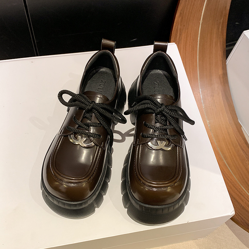 Genuine Leather Lace-up Loafers For Women Spring British Thick-soled Small Leather Shoes Thick-heeled Single Shoes Height-increasing Shoes