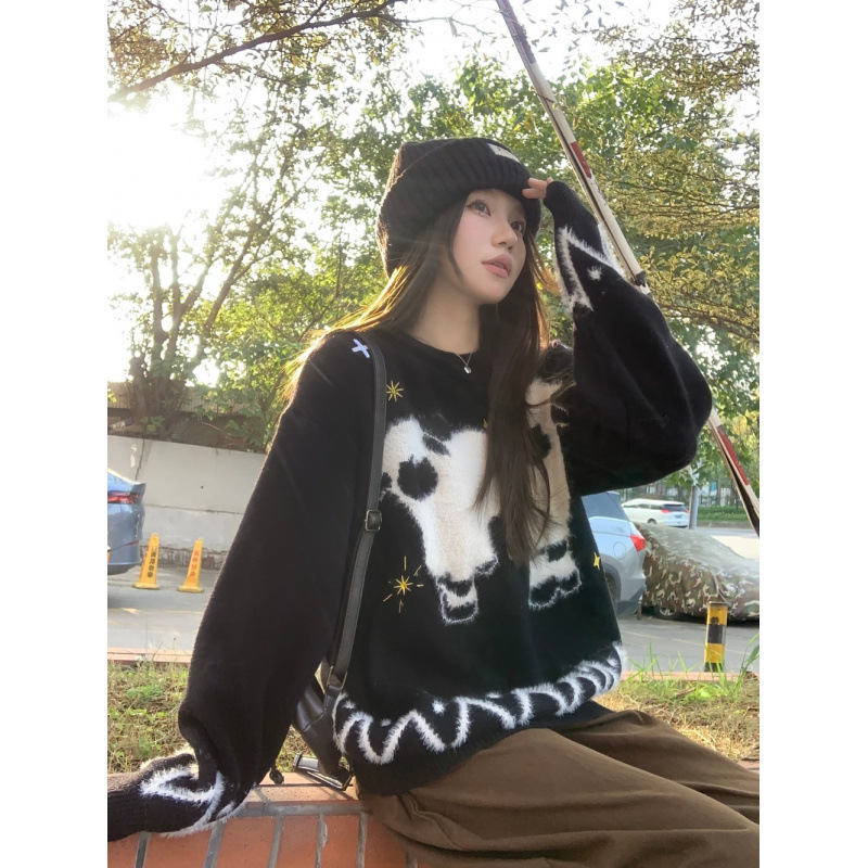 2025 Soft Waxy Jacquard Fun Pattern Thickeneded Warm Pullover Casual Sweater for Women