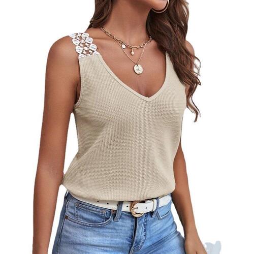 European and American Summer TEMU Women's Solid Color Lace Waffle Stitching Vest Short T-shirt for Women