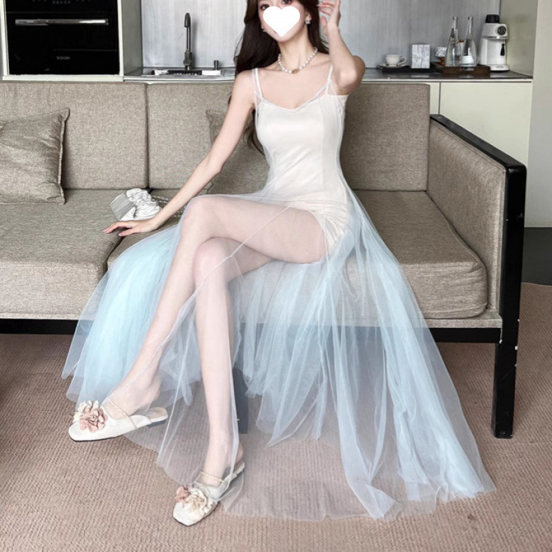 薄荷绿网纱吊带连衣裙女内搭吊带裙有胸棉收腰显瘦裙仙女裙公主裙|undefined