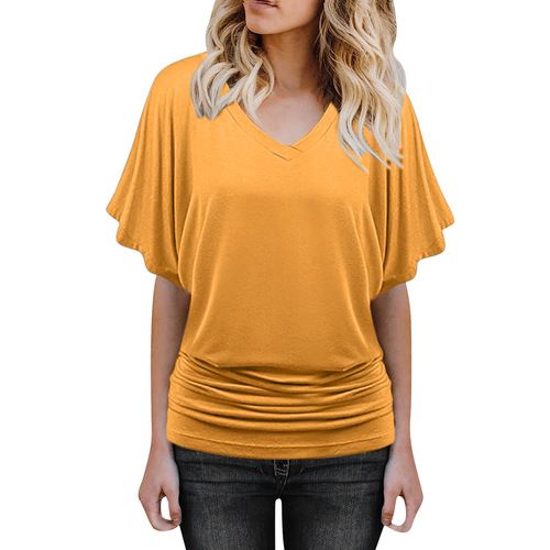 Plus-size women's solid-color V-neck batwing sleeves pleated hem loose casual short-sleeved top