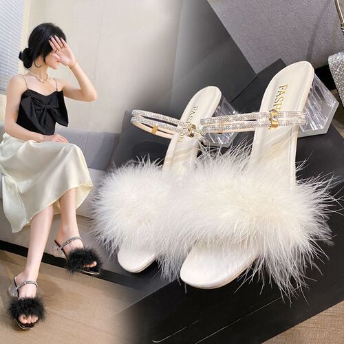 French fairy style two-way plush cool slippers, summer new version, height increasing, slimming, crystal thick sole, stylish and versatile sandals