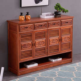 鞋柜家用门口大容量全实木中式复古雕花镂空门外玄关储物柜花梨木