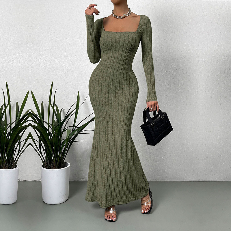 French-Style Simple Commuter Olive Green Dress for Women, Spring and Summer, High-End Elegant Slim-Fit Fishtail Dress, Knitted Long-Sleeve Dress French-Style Simple Commuter Olive Green Dress for Women, Spring and Summer, High-End Elegant Slim-Fit Fishtail Dress, Knitted Long-Sleeve Dress