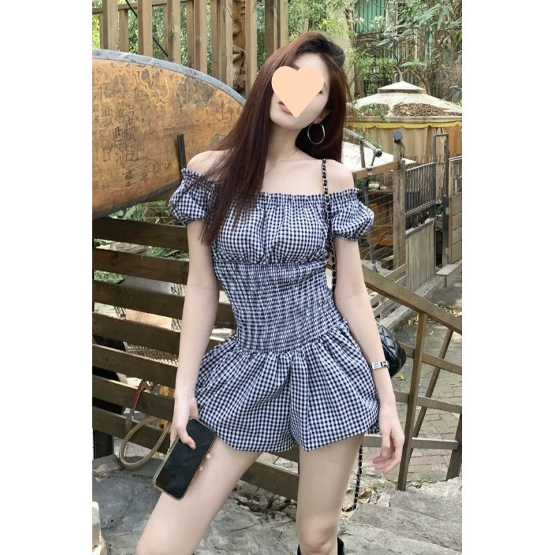 Французское ретро платье на одно плечо для женщин, лето 2025, новинка, модная юбка в клетку с завышенной талией, утягивающая фигуру, с цветочным принтом, короткая юбка