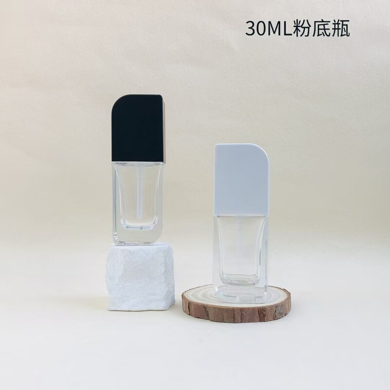 工厂30ml方形粉底液玻璃瓶厚底扁方瓶透明按压精华乳液瓶包装水晶|undefined