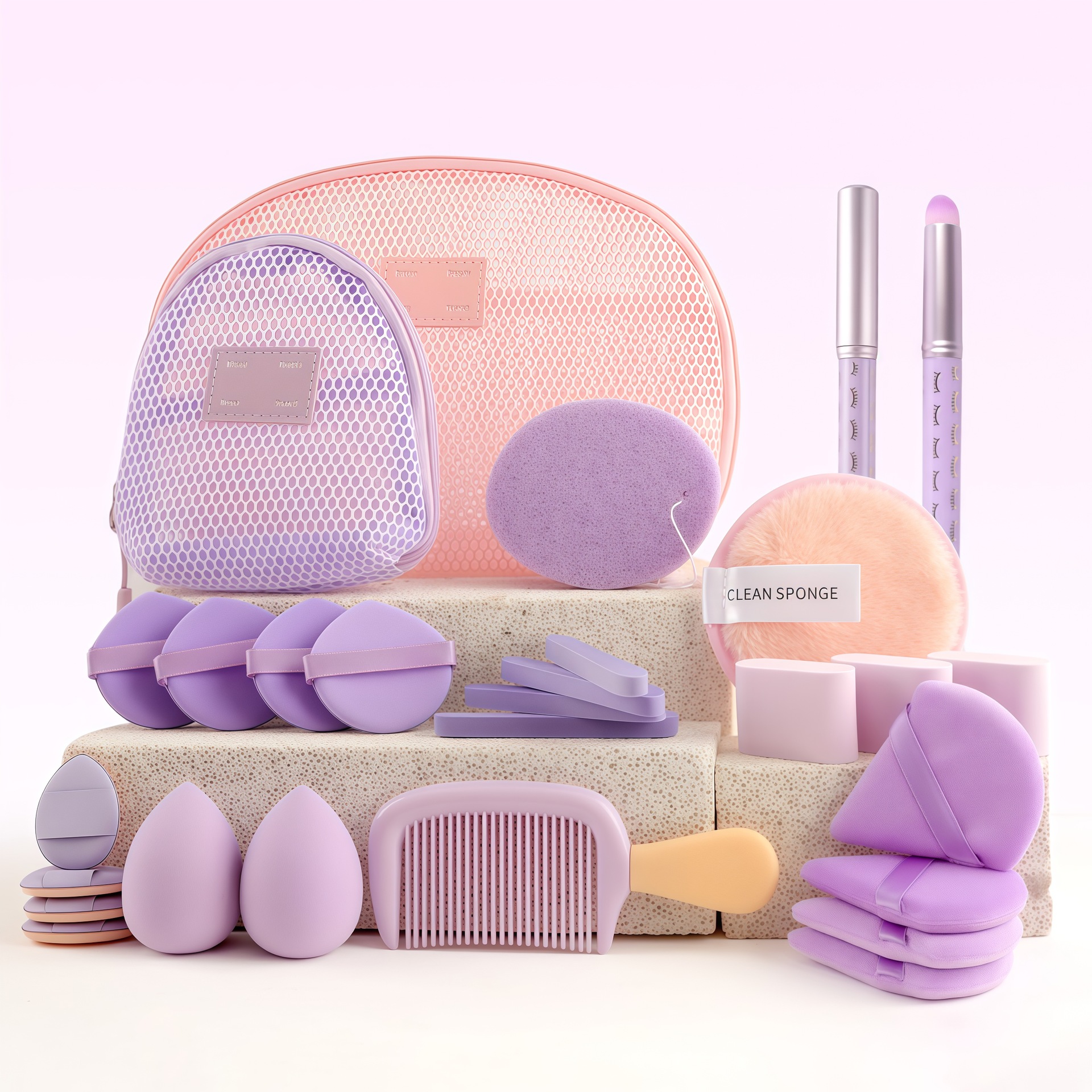 28 nuevos productos transfronterizos, dos bolsas de cosméticos de malla, brocha de maquillaje, maquillaje antes y después del maquillaje, combinación de herramientas de maquillaje