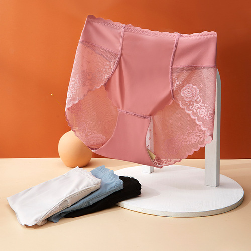 Small waist, high waist, ice silk underwear for women, tummy control, butt lift, mesh lace, sexy non-curling, high-end silk briefs