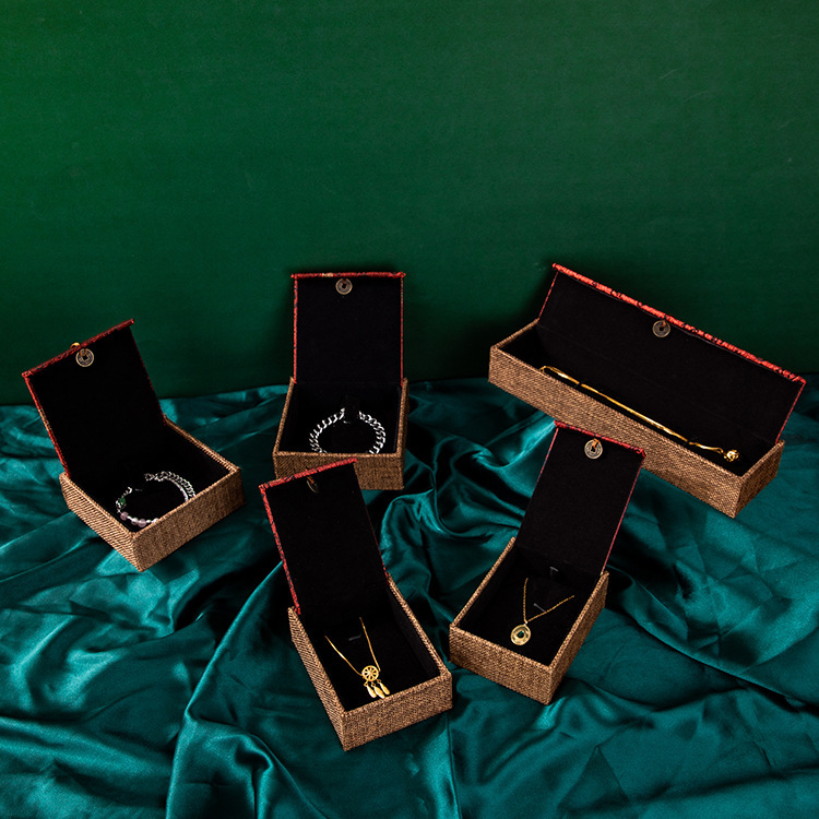Caja de joyería con flecos de lino, caja de anillo, pulsera, colgante, pulsera, collar, aretes, aretes, venta al por mayor, venta directa de fábrica