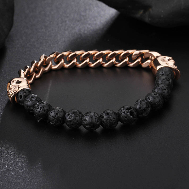 Hip Hop Retro Cráneo Piedra Natural Acero Titanio Chapados en oro de 18k Hombres Pulsera display picture 4