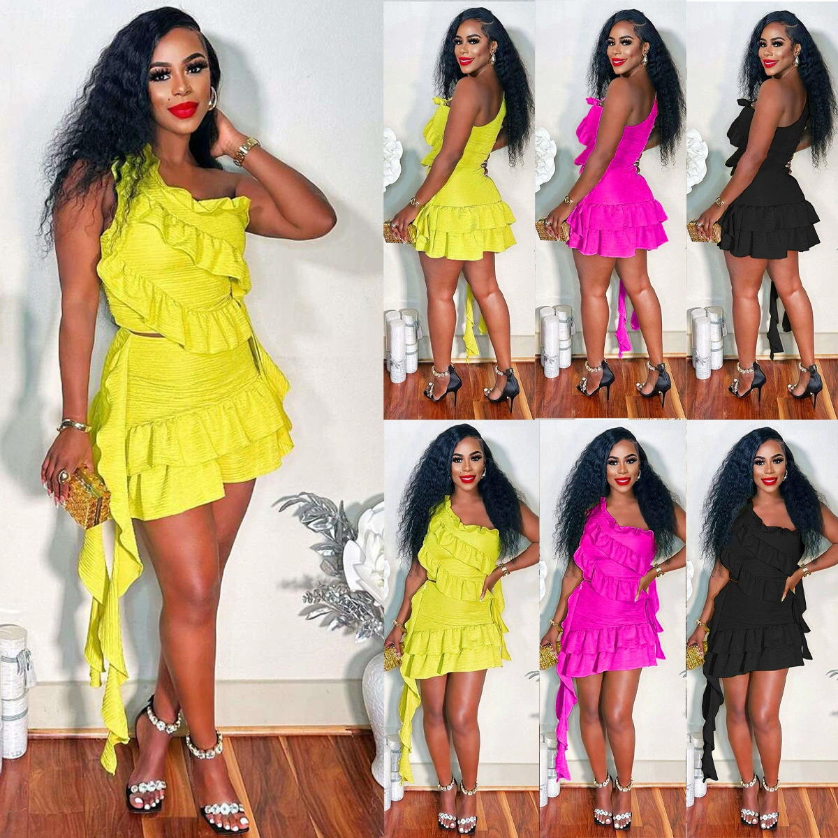 Y2630 Европейская и американская летняя юбка Amazon с кисточками и оборками на одно плечо, юбка с наклонным воротником, комплект из двух предметов