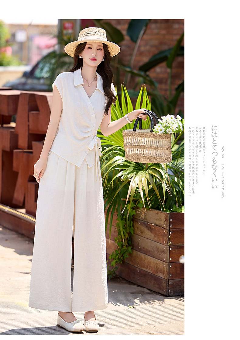 Bộ quần áo nữ hai mảnh gồm áo sơ mi eo thon và quần ống rộng, thiết kế thanh lịch mùa hè 2026 — Xanh lông mòng đen, màu mơ chi tiết 22