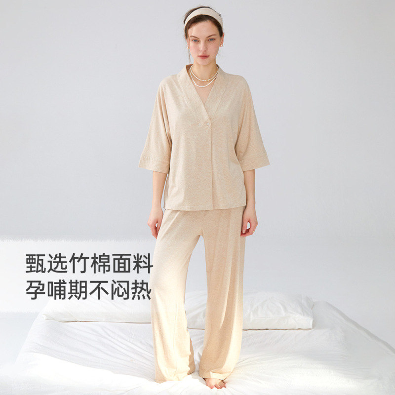 授乳トップス、女性用ミッドスリーブマタニティパジャマ、Vネック前開き産後服、授乳用竹繊維産後ホームウェア|undefined